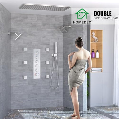 HOMEDEC Dual Side 6" Wall Mounted Shower System, 15.7x31.5" Ceiling Rain Shower, with Handheld and 6 Spray Jets, Brushed Nickel - color: Brushed Nickel, style: 5-Way + 2x 6" Top