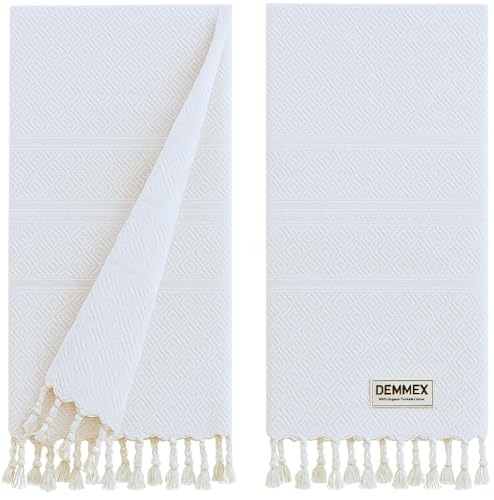 DEMMEX Organic Turkish Hand Towels for Bathroom – 100% Oeko-TEX Certified Turkish Cotton, Quick Dry, Lightweight Kitchen & Travel Towels, Diamond Weave, Large 18x36 Inches, Set of 2, White - color: White