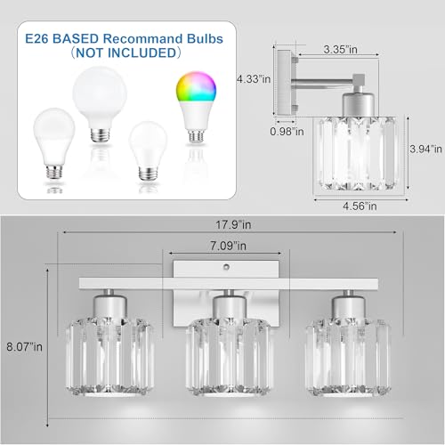 comzler 3-Light Bathroom Light Fixtures Over Mirror, Brushed Nickel Crystal Wall Sconce with E26 Base for Mirror Kitchen Living Room Bathroom, Round Crystal Shades (Bulbs Excluded) - size: Round