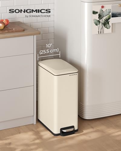 SONGMICS Slim Trash Can, 13-Gallon (50 L) Garbage Can for Narrow Spaces with Soft-Close Lid, Inner Bucket, and Step-on Pedal, Stainless Steel, 15 Trash Bags Included, Sand Beige ULTB510A01 - color: Sand Beige, style: 13 Gal.
