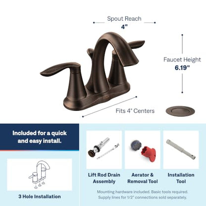 Moen Eva Oil-Rubbed Bronze Two-Handle Centerset Lavatory Faucet with Drain Assembly, Sink Faucet Bathroom 3-Hole for Standard 4-inch Countertop Setup, 6410ORB - color: Oil Rubbed Bronze