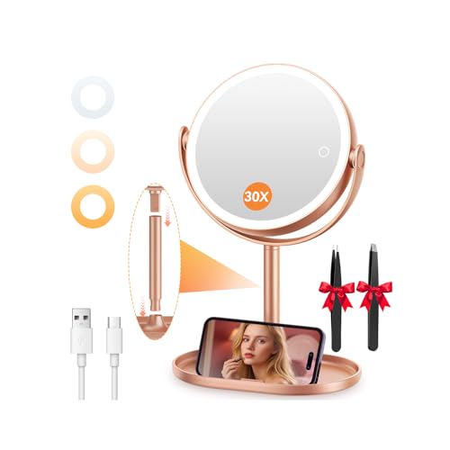 Auxmir 30X/1X Detachable Makeup Mirror with Lights, 3-Color Dimmable Lights | 64 LEDs, 3-color dimmable, dual-side touch control, 360° rotation, 2000mAh rechargeable, detachable design for travel - color: Rose Gold-30x