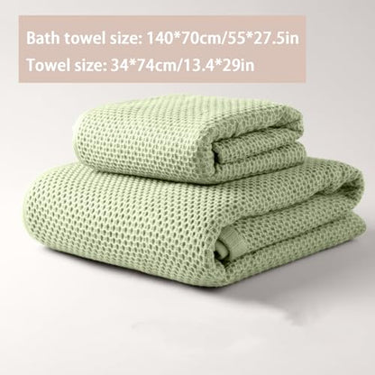 100% Cotton Waffle Weave Bath Towels Sets Soft Quick Dry Lightweight 1 Towel 1 Bath Towel Set,Green,140 * 70cm - color: Green