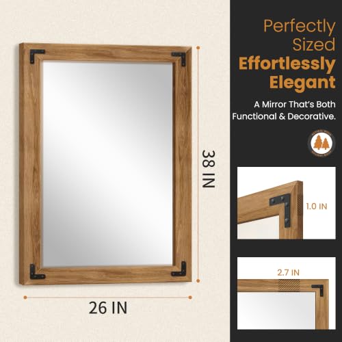 Wood Framed Bathroom Vanity Mirror for Wall, 26"x38" Farmhouse Mirror | Solid Wood Frame, HD Shatterproof Glass, Vertical/Horizontal Hanging, Ideal for Bathroom, Living Room, Bedroom - size: 38"L x 26"W