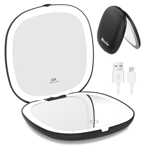 WOBSION 1x/10x Rechargeable Lighted Travel Makeup Mirror | Compact Magnifying Mirror with Lights, Portable for Bag, 4inch, Gift, Black - color: Black