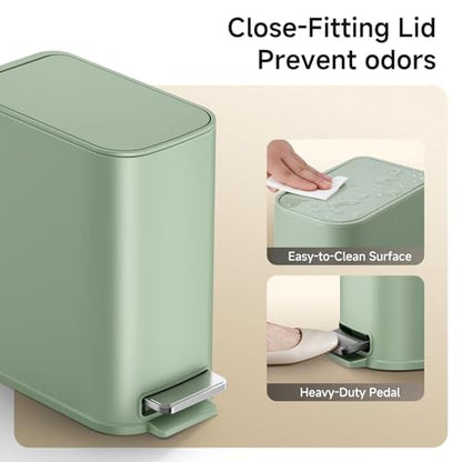 TIPGO Small Bathroom Trash Can with Lid Soft Close,1.3 Gallon, Green | Step Pedal, Removable Inner Bucket, 5 Liter Slim Stainless Steel Garbage Can for Bedroom, Office, Kitchen - color: Green