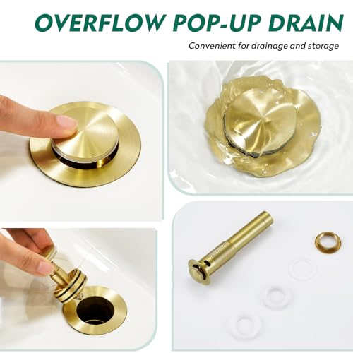 CREA Brushed Gold Bathroom Faucet 1 Hole,Gold Waterfall Bathroom Faucet Single Handle Bathroom Sink Faucet with Drain Stopper/ 3 Hole Deck Plate,RV Basin Vanity Faucet,Stainless Steel - color: Brushed Gold, style: Wide Spout