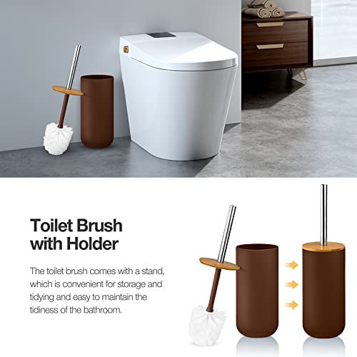 Bathroom Accessory Set, 6 Pcs Bathroom Essential Includes Toothbrush Holder, Toilet Brush with Soap Dispenser, Toothbrush Cup, Soap Dish, Trash Can (Brown, Bamboo) - style: Brown