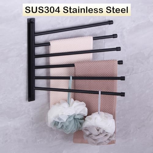 Swivel Hand Towel Bar Bathroom Swing Hanger Towel Rack Holder Matte Black Finish, Wall Mounted, 6-Arm - color: Black