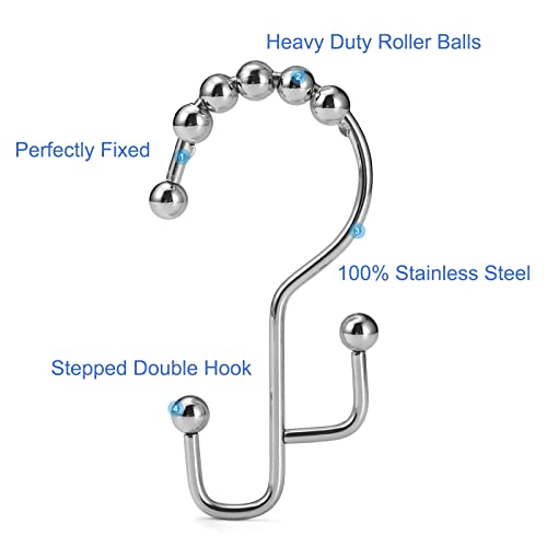 Shower Curtain Rings, SUTINE Shower Curtain Hooks, Stainless Steel Sliver Shower Curtain Hooks Rust Proof, Easy Sliding Double Shower Hooks for Shower Curtains & Liners, 12 Pcs (Chrome) - color: Chrome