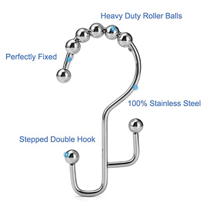 Shower Curtain Rings, SUTINE Shower Curtain Hooks, Stainless Steel Sliver Shower Curtain Hooks Rust Proof, Easy Sliding Double Shower Hooks for Shower Curtains & Liners, 12 Pcs (Chrome) - color: Chrome