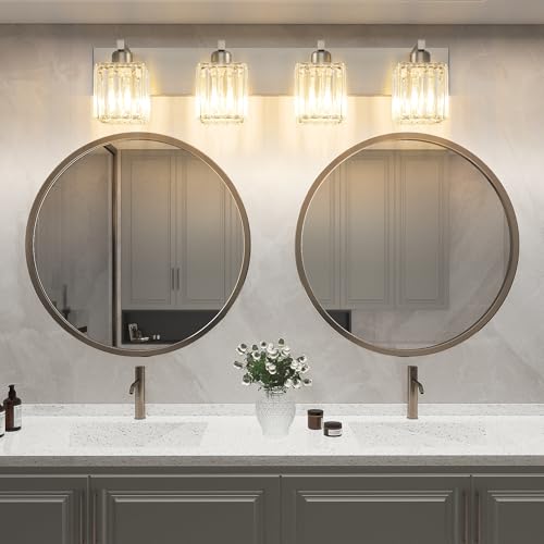 Aipsun Brushed Nickel Bathroom Lighting Fixtures 4 Light Crystal Modern Bathroom Vanity Light (Exclude Bulb) - color: Brushed Nickel, size: 32 inch