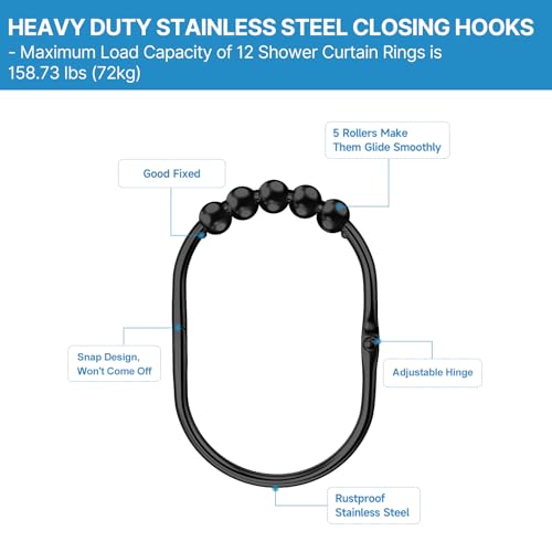 MENGJINGO 12PCS Wide Shower Curtain Hooks Rings, Rust Proof Stainless Steel | Heavy Duty Shower Hooks Rings for Bathroom Shower Rods Curtains Liners, Easy Glide Rollers, Set of 12, Black - color: Black