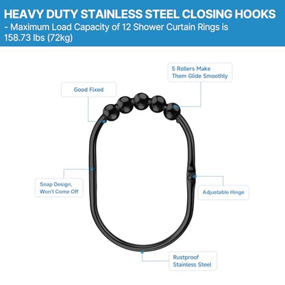 MENGJINGO 12PCS Wide Shower Curtain Hooks Rings, Rust Proof Stainless Steel | Heavy Duty Shower Hooks Rings for Bathroom Shower Rods Curtains Liners, Easy Glide Rollers, Set of 12, Black - color: Black