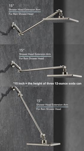 15 Inch Extra Long Adjustable Shower Head Extension Arm With Locking Set Screw, Singing Rain 304 Stainless Steel Angle Height Adjustable, G1/2 Universal Connector Compatible (Nickel Brushed) - color: 2. Nickel Brushed, style: 15 inch