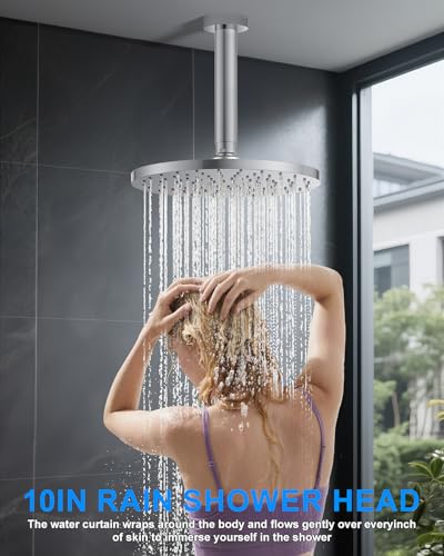 Shower System with Pressure Balance Valve, 10" Ceiling Mount Shower Faucet Set with 2 Rain Shower Head And Multi-function Handheld Head Push Button Diverter Pressure Balancing Valve Kit, Chrome - color: Chrome Polished, style: 10"-Round