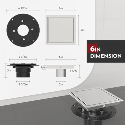 6 Inch Square Shower Drain Brushed Floor Drain with Flange Reversible 2-in-1 Cover Tile Insert Grate Removable SUS304 Stainless Steel CUPC Certified Brushed - color: Brushed, size: 6 Inch