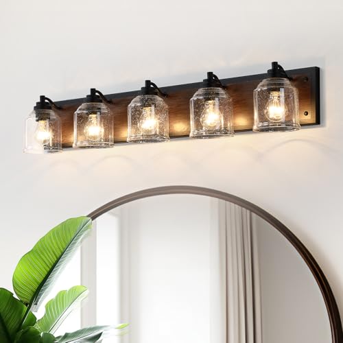 5-Light Bathroom Vanity Lights Large 40" with Bubble Glass Shades | Farmhouse Rustic style, Hand-Painted Brown Wood-Grain Metal Backplate, E26 Ceramic Socket, UL&ETL, mount up/down, over mirror - color: Brown, size: 5-Light
