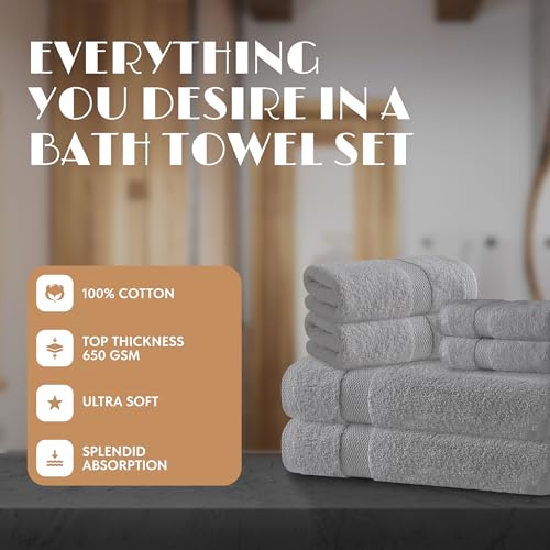 Light Gray Bath Towel Set of 6 - 100% Cotton Highly Absorbent Towels for Bathroom, 2 Luxury Bath Towels 650GSM, 2 Hand Towels, 2 Washcloths - color: Light Gray