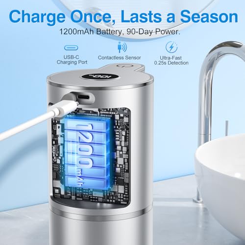 Fachixy Automatic Liquid Soap Dispenser Touchless, Smart Digital Display | 12.8oz/380mL, Up to 90 Days Battery Life, 6 Adjustable Level, Rechargeable, Wall Mountable IPX5 for Kitchen & Bathroom,Silver - color: Silver, style: Liquid