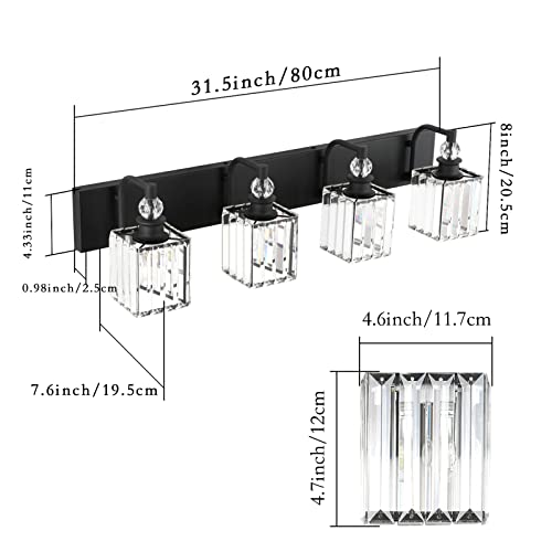 Ralbay Black Crystal Vanity Light 4 Light 31.5''Modern Matte Black Bathroom Wall Light Fixtures Over Mirror Bathroom Vanity Lights - color: Square-Black, size: 32 inch