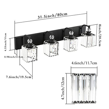 Ralbay Black Crystal Vanity Light 4 Light 31.5''Modern Matte Black Bathroom Wall Light Fixtures Over Mirror Bathroom Vanity Lights - color: Square-Black, size: 32 inch
