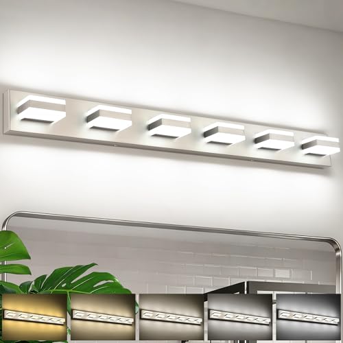 SOLFART Bathroom Vanity Lights, Brushed Nickel Light Fixtures for Bathroom Above Mirror, 6 Light Led Vanity Lighting,5 Color Temperature Adjustable,Bath Lighting Fixture Nickel ETL Listed - color: Brushed Nickel-5 Color Adjustable & 100%-0% Dimmable Brigh
