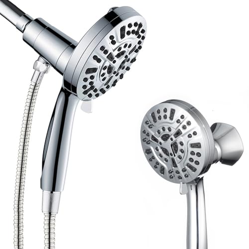 High Pressure Shower Head with Magnetic Back Fixed Base Design,Handheld Showerhead with Hose Set Stainless Steel 59 inches/5 ft 10-Setting 5 inches Large Face,Chrome Finish - color: Metallic Silver