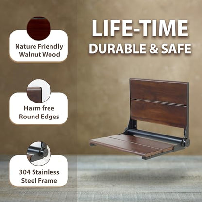 Walnut Shower Seat - Contour Wood / Folding Wall Mount Bench for Inside Shower / ADA Safety Aid / 304 Stainless Steel / Matte Black / 26" x 16" - color: Matte Black, Walnut, size: 26" x 16"