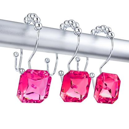 Shower Curtain Hooks Rings for Bathroom, 12PCS Double Hooks Glide Anti Rust Crystal Rhinestones Shower Curtain Rings Hangers for Shower Curtains, Clothing, Towels, etc. (Hot Pink) - color: Hot Pink