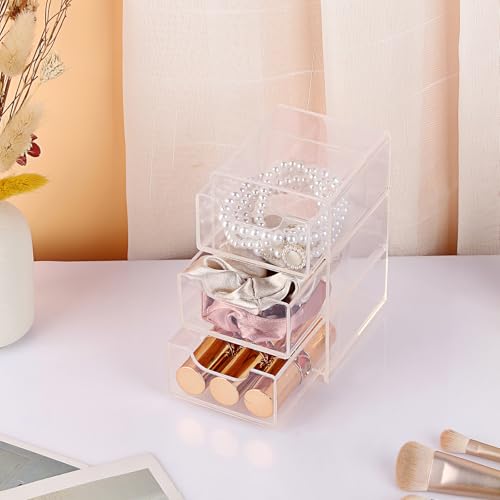 Hipiwe Clear Acrylic Drawer Organizer Bathroom Qtip Holder with 3 Drawers | Clear Desk Drawers Box for Cotton Pad, Cotton Swabs, Makeup Storage Drawer Bathroom Counter Organizer for Home Office