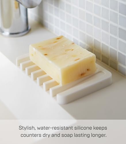 Yamazaki Home Soap Tray - Silicone Holder Dish for Sink, Silicone, No Assembly Req. | Sloped base directs water back into the sink to keep counters dry. Easy-to-clean design requires no assembly. Saves space.