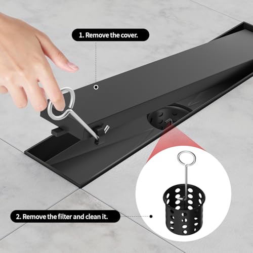 Linear Shower Drain, 304 Stainless Steel with Adjustable Leveling Feet, Hair Strainer,Reversely Install Place to Create an Invisible Floor Drain- Black -12-Inch - color: Matte Black, size: 12inch