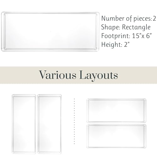 STORi SimpleSort 2-Piece Stackable Clear Drawer Organizer Set | 15" x 6" x 2" Rectangle Trays | Wide Makeup Vanity Storage Bins and Office Desk Drawer Dividers | Made in USA - size: 15x6x2"