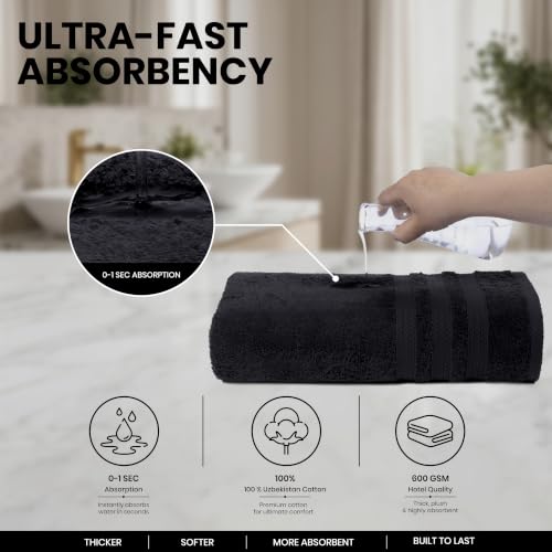Bath Towels Set of 4 Extra Large Towels Set, 30x60 in, 100% Uzbek Cotton 600 GSM, Oeko-TEX, Larger & Lighter Weight, Quicker to Dry, Super Soft and Absorbent, Perfect for Bathroom – Black - color: Black