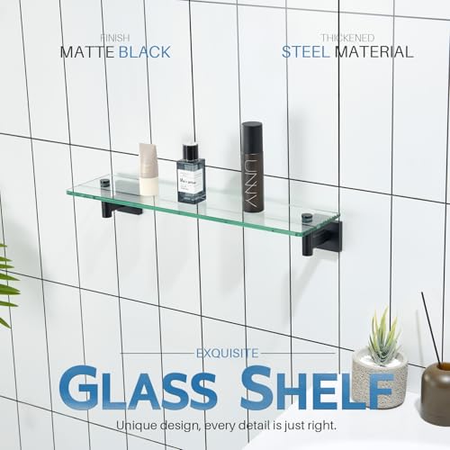 KOKOSIRI Bathroom Shelves Glass Floating Shelf 20-Inch for Bedroom Living Room Kitchen Hanging Rack Rustproof Wall Mounted Black 2 Pack B1105BK-L20-P2 - color: Matte Black, size: 20-Inch(2 Pack)