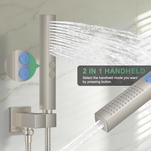 Rain Shower System with Rough-in Valve, Ceiling Mount Shower Faucet Set with 12"&6" Dual Rain Shower Heads, 2-in-1 Handheld Shower, Tub Spout, 4-Function Complete Shower Fixture,Brushed Nickel - color: Brushed Nickel, size: Ceiling Mount-12"+6" head with
