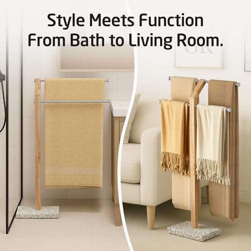 KES Wood Standing Towel Rack with Weighted Gold Granite Base, Brushed Steel | 3 Tier Width Adjustable Free Standing Towel Rack Stand for Bathroom, 18/8 Stainless Steel for Premium Rust Resistance - color: Golden Granite