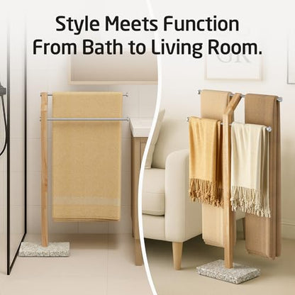 KES Wood Standing Towel Rack with Weighted Gold Granite Base, Brushed Steel | 3 Tier Width Adjustable Free Standing Towel Rack Stand for Bathroom, 18/8 Stainless Steel for Premium Rust Resistance - color: Golden Granite