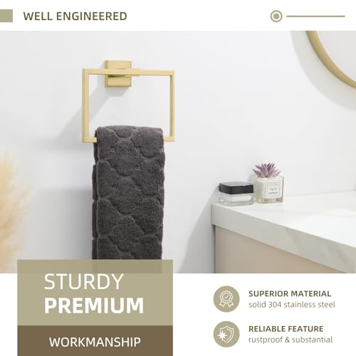 Angle Simple Towel Ring Brushed Gold, Square Hand Towel Holder, 7.09 Inches | Solid SUS304 Stainless Steel, Suitable for Bathroom Kitchen Laundry, Screws Wall Mount for Extra Sturdiness - color: Brushed Gold