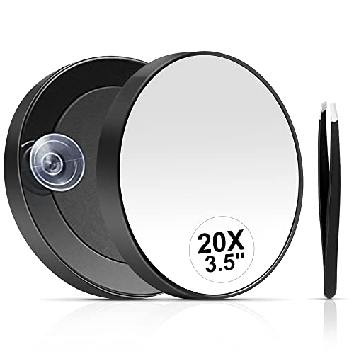 MIYADIVA 20X Magnifying Mirror, Small Travel Mirror with Suction Cup and Tweezers, 3.5 Inches - color: Black-20x