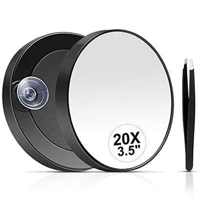 MIYADIVA 20X Magnifying Mirror, Small Travel Mirror with Suction Cup and Tweezers, 3.5 Inches - color: Black-20x