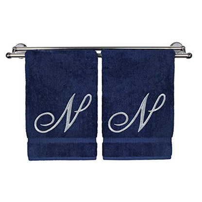 BC BARE COTTON Monogrammed Hand Towel, Navy, 16 x 30 Inches - Set of 2, Extra Absorbent 100% Turkish Cotton, Soft Terry Finish, for Bathroom, Kitchen and Spa - color: Silver on Navy, style: Initial N