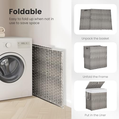 DUMOS Wicker Laundry Basket with Lid, 110L Woven Laundry Hamper with Handles, Foldable Rattan Clothes Hamper with Removable Liner & Sturdy Steel Frame, Dove Gray - color: Dove Gray, size: 110L