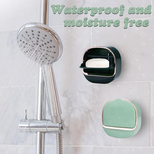 ASTIMESA 2 Packs Waterproof Wall-Mounted Soap Dishes Box, Adhesive Plastic Soap Holder with Drain Lid Tray for Bar Bathroom Shower Keep Dry Flip Self Draining Light Green & Dark Blue - color: Light Green & Dark Blue
