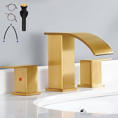 Gold Waterfall Bathroom Faucet 3 Holes - 8Inch Widespread Bathroom Sink Faucet | Two Handles Lavatory Vanity Sink Faucets with Pop-up Drain Assembly & Supply Lines Brushed Gold - color: A-Brushed Gold 8In
