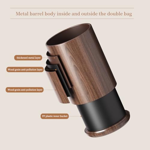 8L/2.1GAL Dark Brown Metal Trash Can,Walnut Trash Bin | Open-Top;Double-Layer;Built-In Bag Holder;Office Trash Can;for Bathroom,Home,Office,Living Room,Coffee - color: 2.1gal round