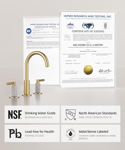 KES Natural Italian Carrara Marble Brushed Gold Bathroom Faucet 3 Hole with All Metal Pop Up Sink Drain, 8 Inch Widespread Bathroom Sink Faucet for Vanity, 360° Swivel Spout, 18/8 Stainless Steel - color: Brushed Gold