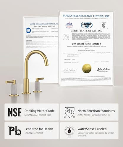 KES Natural Italian Carrara Marble Brushed Gold Bathroom Faucet 3 Hole with All Metal Pop Up Sink Drain, 8 Inch Widespread Bathroom Sink Faucet for Vanity, 360° Swivel Spout, 18/8 Stainless Steel - color: Brushed Gold