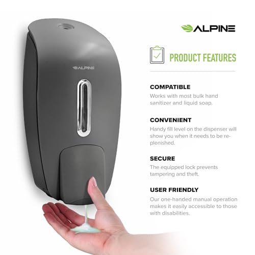 Manual Soap Dispenser Wall Mount - Commercial Soap Dispenser Wall Mounted for Liquid Soap & Hand Sanitizer in Bathroom, Kitchen, Businesses Refillable Large 800 ml Capacity - Grey by Alpine Industries